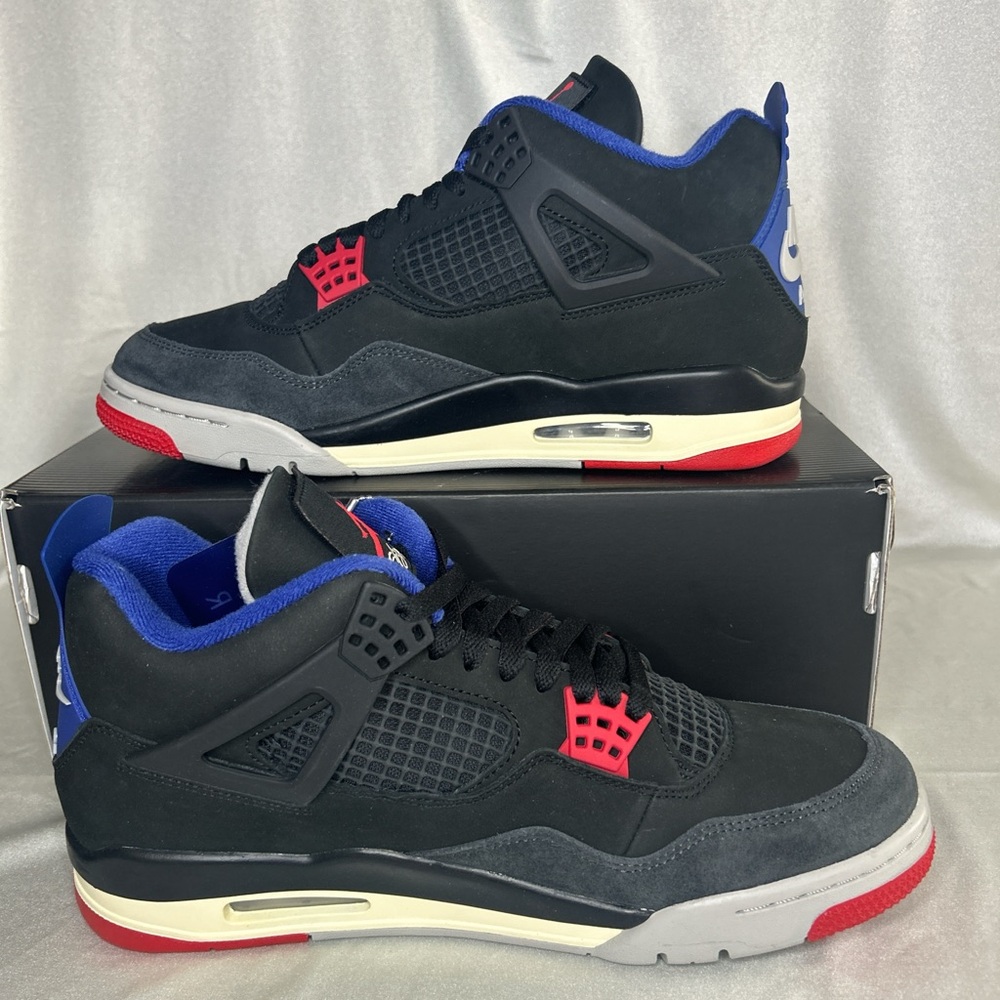Jordan 4 Retro Rare Air Black and Blue Sneakers with Red Accents Gold Tag - Picture 1 of 7